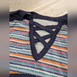 Umgee Multicolor Striped Knit Top with Navy Trim